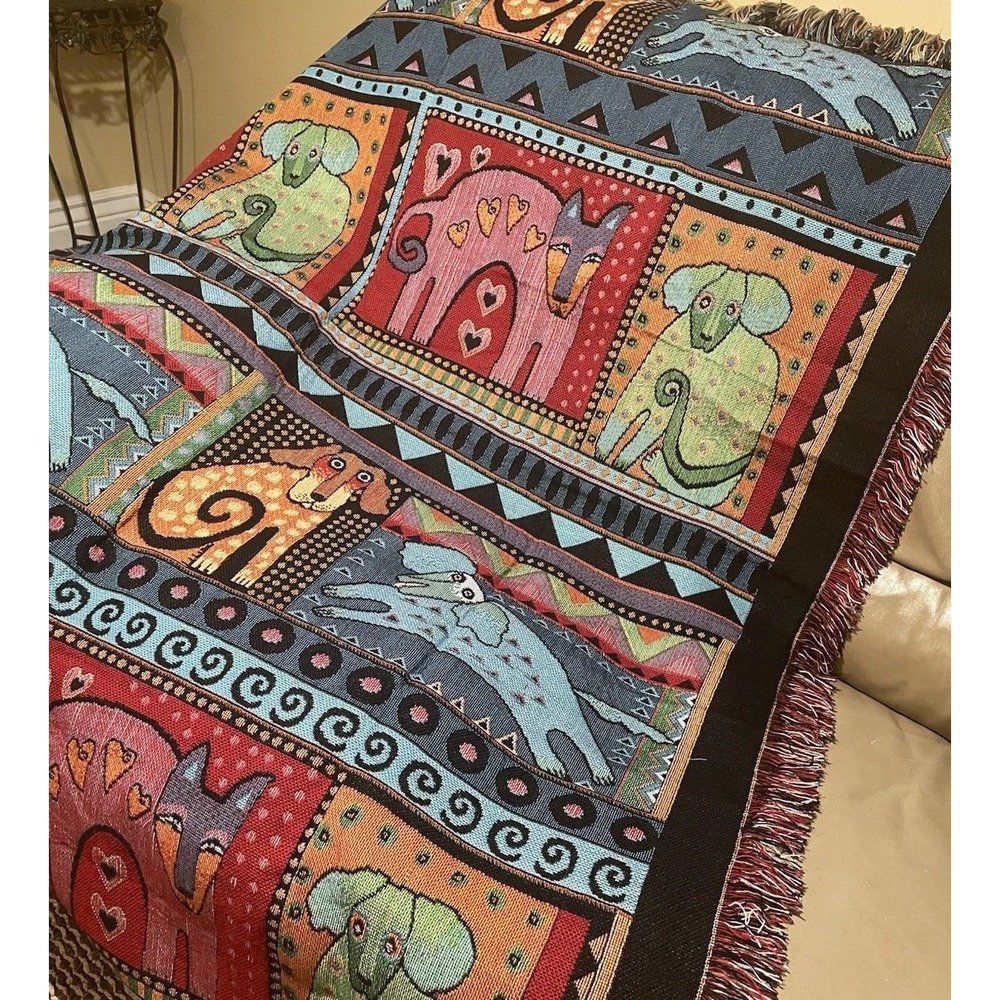 Vtg Laurel Burch Mythical Dogs Throw Blanket Tapestry Fringe 100% Cotton 54 x 66
